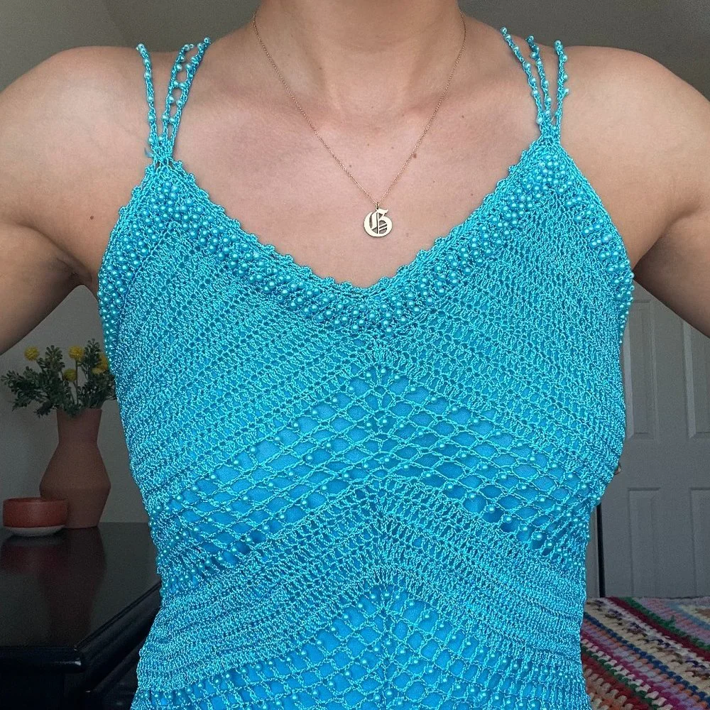 SOLD! 90s/ Y2K Beaded Blue Boho Tank Top with Fringe - Picture 2 of 8
